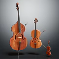 Wooden String Instruments Display with Contrabass Viola and Violin in Various Sizes 3d model