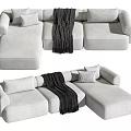 Light Cream Fabric Sectional Sofa With L Shaped Design Pillows And Throw Blanket 3d model