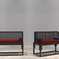 Public Bench With Black Frame Red Cushion And Blue Pillows In Simple Setting 3d model