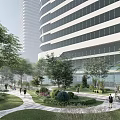 Modern High rise Office Building With Glass Curtain Wall Greenery Pedestrians And Signage