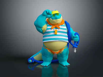 Blue Cartoon Crocodile Character Wearing Striped Vest Yellow Hat And Orange Tie Holding Item 3d model