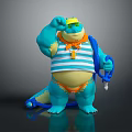 Blue Cartoon Crocodile Character Wearing Striped Vest Yellow Hat And Orange Tie Holding Item