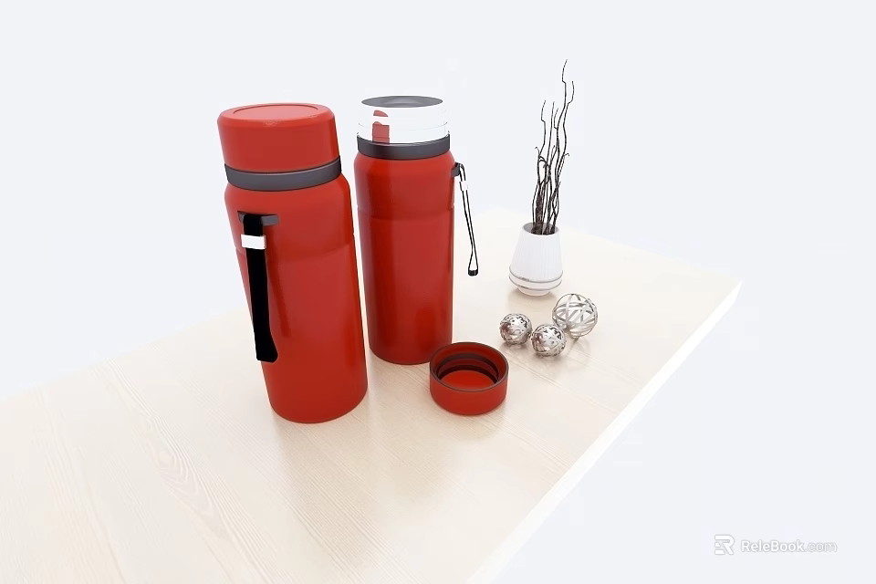 Two Red Vacuum Cups With White Vase Dried Branches And Silver Balls On Beige Table 3d model 