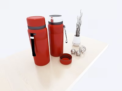 Two Red Vacuum Cups With White Vase Dried Branches And Silver Balls On Beige Table 3d model