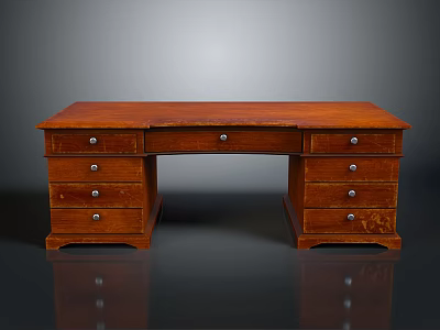 Vintage Wooden Desk With Multiple Drawers Smooth Surface And Metal Handles 3d model