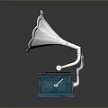 Vintage Phonograph With Blue Base Black Record And Ornate Horn Design