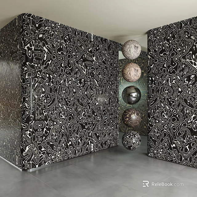 Artistic Black And White Patterned Wall With Hanging Spherical Decor Pieces 3d model