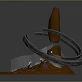 Cartoon Scene Featuring Wooden Structure Sword And Glowing Lava Like Patterns