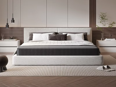 Modern Double Bed Bedroom Interior With Grey Headboard White Dark Grey Pillows And Nightstands 3d model