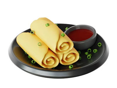 Golden Rolled Crepes With Chopped Green Onions On Black Plate And Red Dipping Sauce 3d model
