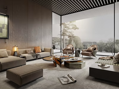 Modern Living Room Interior With Sectional Sofa Coffee Table Armchairs And Floor to Ceiling Windows 3d model