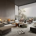 Modern Living Room Interior With Sectional Sofa Coffee Table Armchairs And Floor to Ceiling Windows