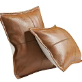 Brown Leather and Beige Woven Decorative Throw Pillows with Grid Stitch Pattern Design 3d model