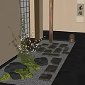 Traditional Japanese Tea Room Interior With Wooden Pillar Stone Pathway Green Plants And Calligraphy Scroll