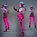 Three Angles Of 3D Character With Blue Green Hair And Purple Outfit In Dynamic Poses