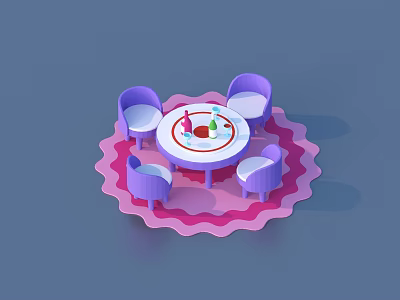 Small Round Table With Purple Chairs And Pink Wavy Mat Setup 3d model