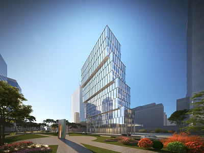 Modern High Rise Office Building With Glass Facade And Landscaped Gardens In Urban Center 3d model