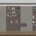 Modern Built in Shelving Unit With Lighting Books And Decorative Items On Herringbone Floor