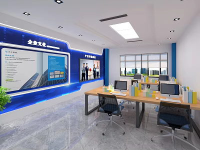 Modern office interior with corporate culture wall desks computers and green plants 3d model
