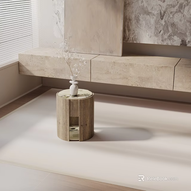 Minimalist Wooden Side Table With Round Top And Storage Shelf In Bright Living Room 3d model 