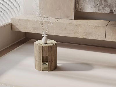 Minimalist Wooden Side Table With Round Top And Storage Shelf In Bright Living Room 3d model
