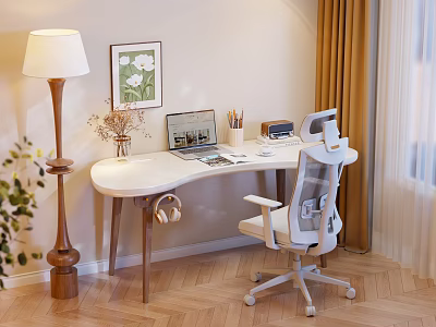 Curved White Desk Setup with Laptop Pen Holder Floor Lamp and Ergonomic Chair 3d model