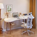 Curved White Desk Setup with Laptop Pen Holder Floor Lamp and Ergonomic Chair