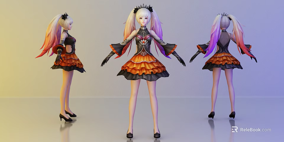 Game Anime Character With Pink Purple Gradient Hair Black Crown And Orange Ruffled Dress 3d model 
