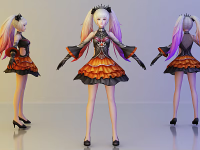 Game Anime Character With Pink Purple Gradient Hair Black Crown And Orange Ruffled Dress 3d model