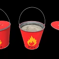 Red Fire Buckets With Flame Design Some With Open Lids And Fire Label