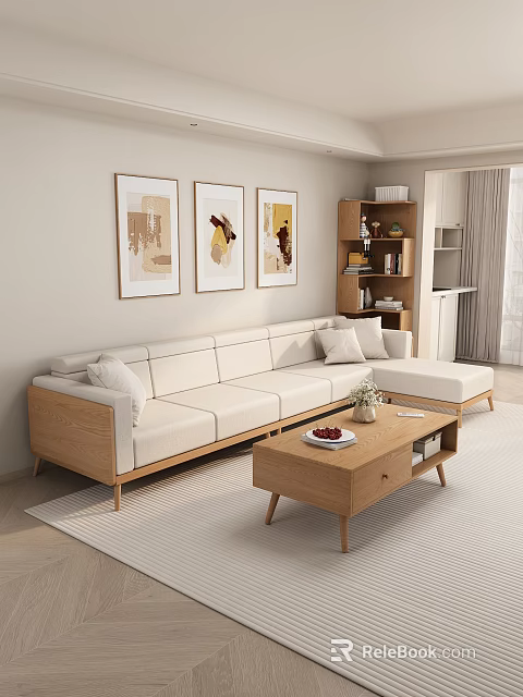 Modern Beige L Shaped Sofa and Coffee Table Set with Wooden Legs Three Paintings 3d model 