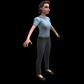 3D Female Character Creature In Light Blue Shirt Gray Pants With Open Hands On Black Background