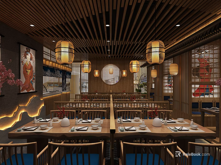 Japanese Restaurant Traditional Interior With Wooden Decor Lantern Lighting And Dining Tables Setup 3d model 
