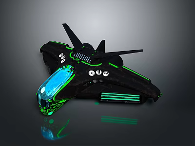 Futuristic Black Spacecraft With Green Glowing Lines And Blue Transparent Section 3d model