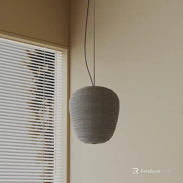 Gray Woven Pendant Light Hanging Near Window Blinds On Light Colored Wall 3d model