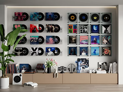 Ornamental Display Set Featuring Vinyl Records Wall Art Green Plant And Shelf Decorations 3d model