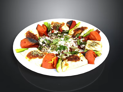 Grilled Vegetable And Cheese Platter With Fresh Herbs And Spices On White Plate 3d model