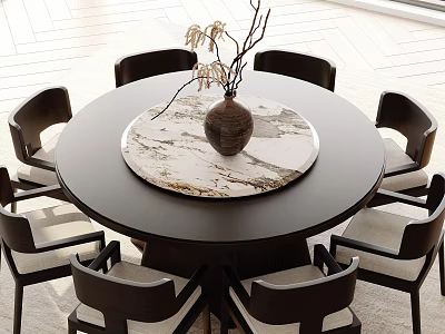 Modern Round Dining Table Set with Marble Turntable Vase and Dark Frame Light Cushion Chairs 3d model