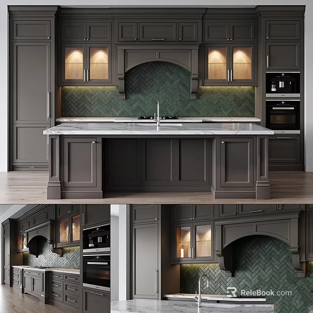 Dark Gray Kitchen Cabinets With Green Herringbone Backsplash Marble Countertop And Built In Appliances 3d model 