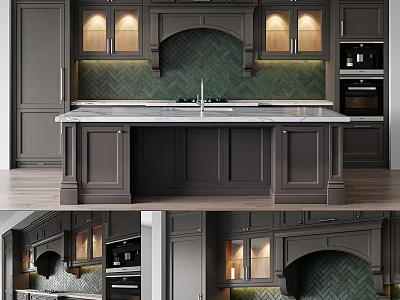 Dark Gray Kitchen Cabinets With Green Herringbone Backsplash Marble Countertop And Built In Appliances 3d model