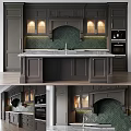 Dark Gray Kitchen Cabinets With Green Herringbone Backsplash Marble Countertop And Built In Appliances