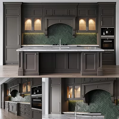Dark Gray Kitchen Cabinets With Green Herringbone Backsplash Marble Countertop And Built In Appliances 3d model