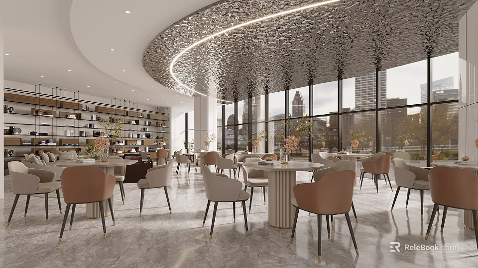 Cozy Lounge Area with Beige Brown Chairs Round Tables Large Windows City View Curved Ceiling 3d model 