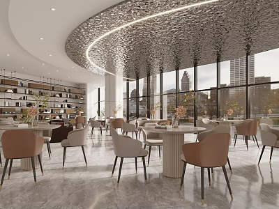 Cozy Lounge Area with Beige Brown Chairs Round Tables Large Windows City View Curved Ceiling 3d model
