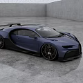Blue Bugatti Car With Streamlined Body Black Details Large Rear Wing In Gray Concrete Room