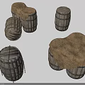 Ancient Historical Setting With Various Wooden Barrels Covered In Cloth And Metal Hoops