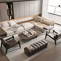 Modern Light Beige Sofa And Wooden Coffee Table Set With Accent Chairs In Living Room