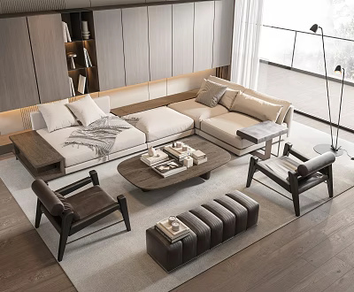 Modern Light Beige Sofa And Wooden Coffee Table Set With Accent Chairs In Living Room 3d model
