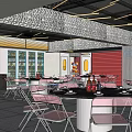 Vibrant Restaurant Interior With Neon Signs Tropical Plant Patterns Red Yellow Tones And Modern Seating
