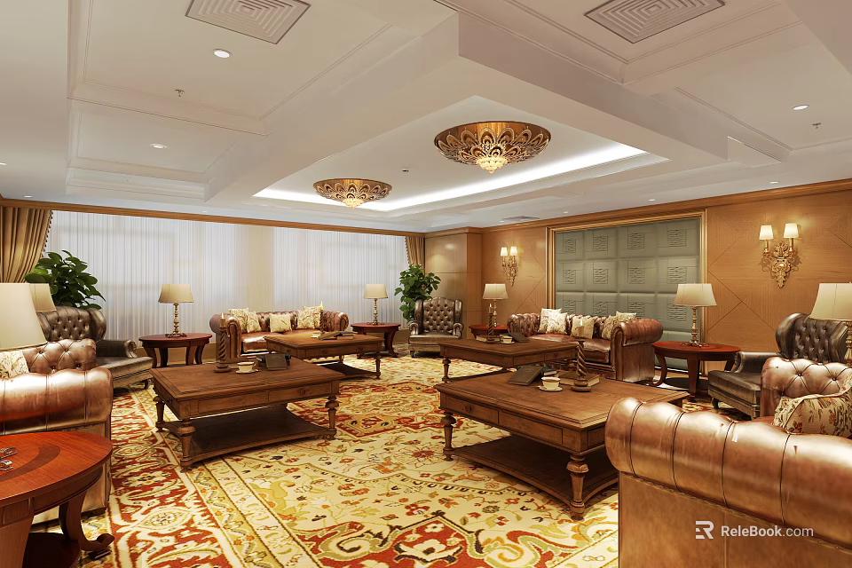 Luxurious Office Lounge Interior With Leather Sofas Wooden Coffee Tables Green Plants And Chandeliers 3d model 